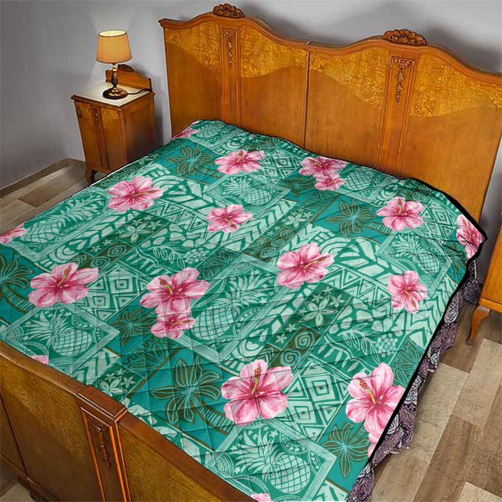 Cyan Hawaii Hibiscus With Tropical Flowers Motifs Quilt - Polynesian Pride