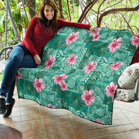 Cyan Hawaii Hibiscus With Tropical Flowers Motifs Quilt - Polynesian Pride