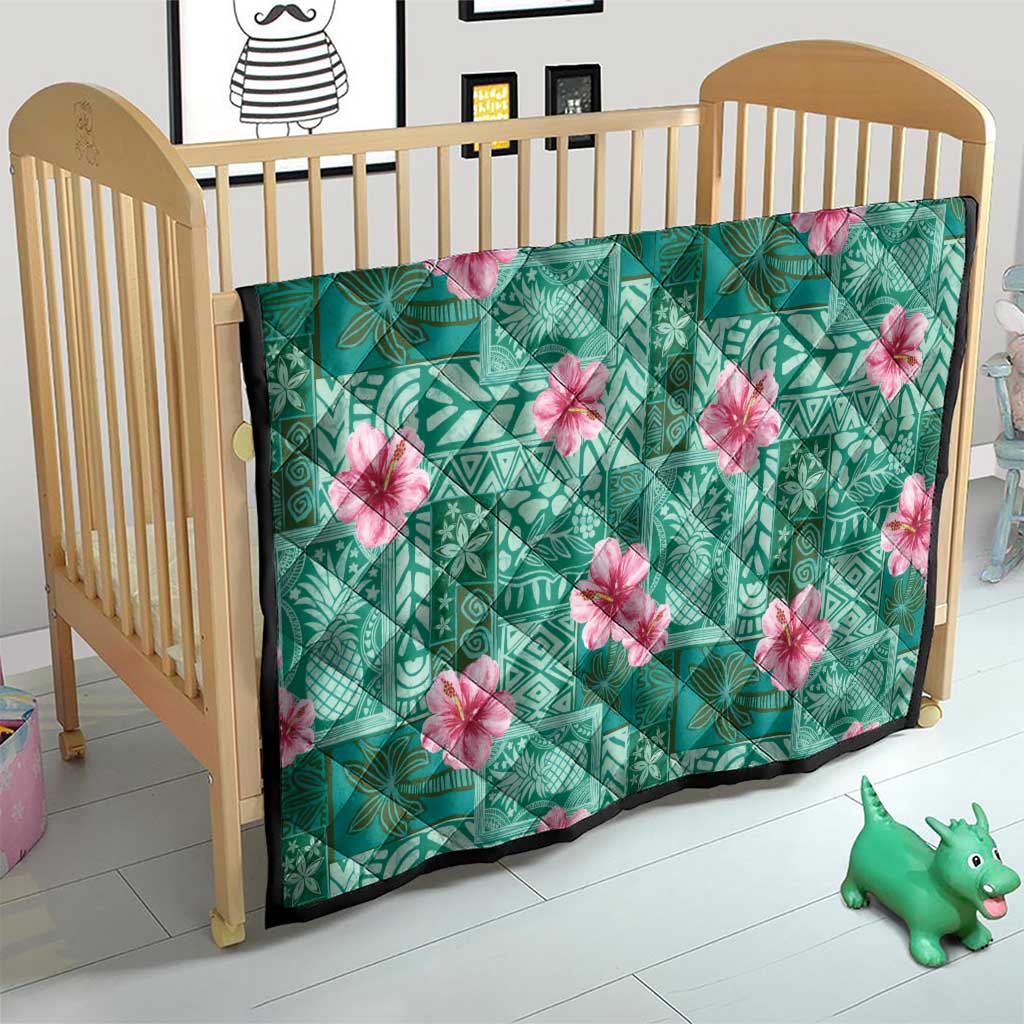 Cyan Hawaii Hibiscus With Tropical Flowers Motifs Quilt - Polynesian Pride