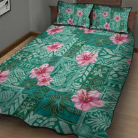 Cyan Hawaii Hibiscus With Tropical Flowers Motifs Quilt Bed Set - Polynesian Pride