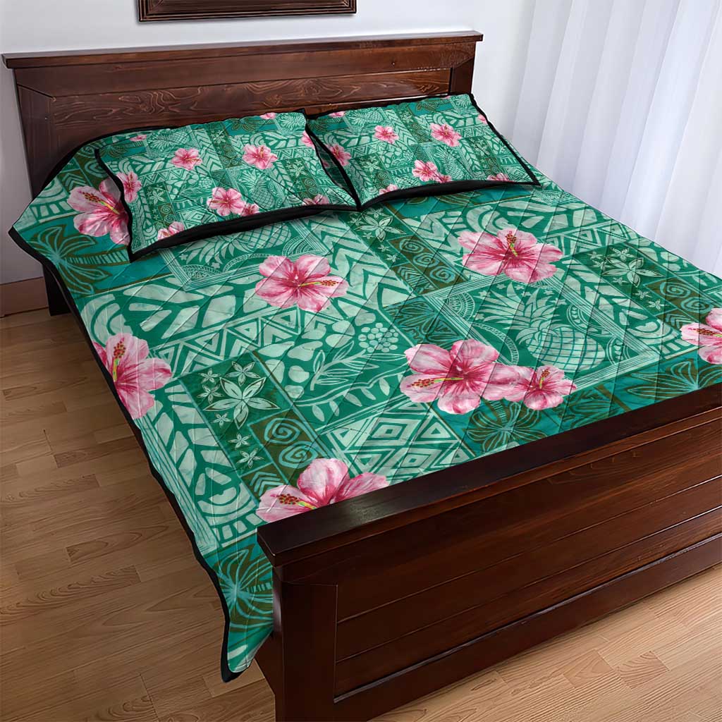 Cyan Hawaii Hibiscus With Tropical Flowers Motifs Quilt Bed Set - Polynesian Pride
