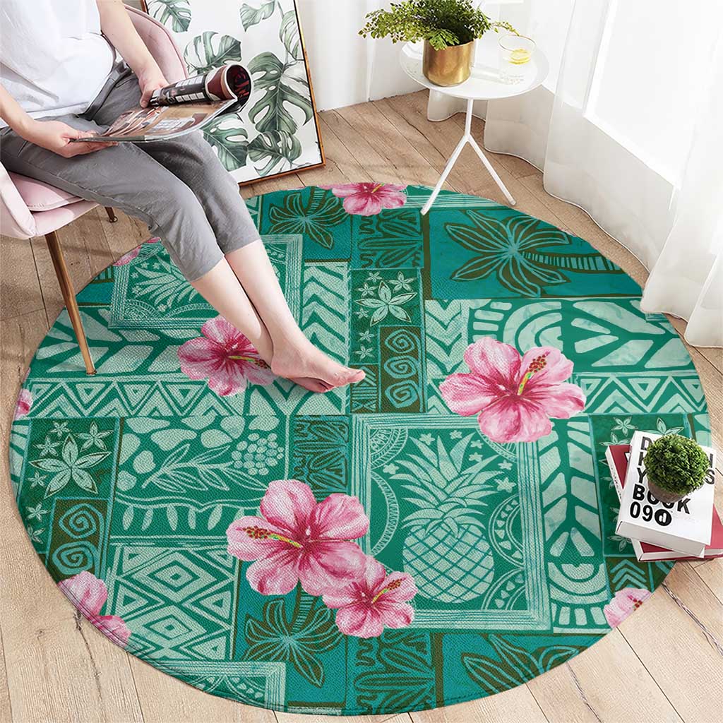 Cyan Hawaii Hibiscus With Tropical Flowers Motifs Round Carpet - Polynesian Pride