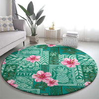 Cyan Hawaii Hibiscus With Tropical Flowers Motifs Round Carpet - Polynesian Pride