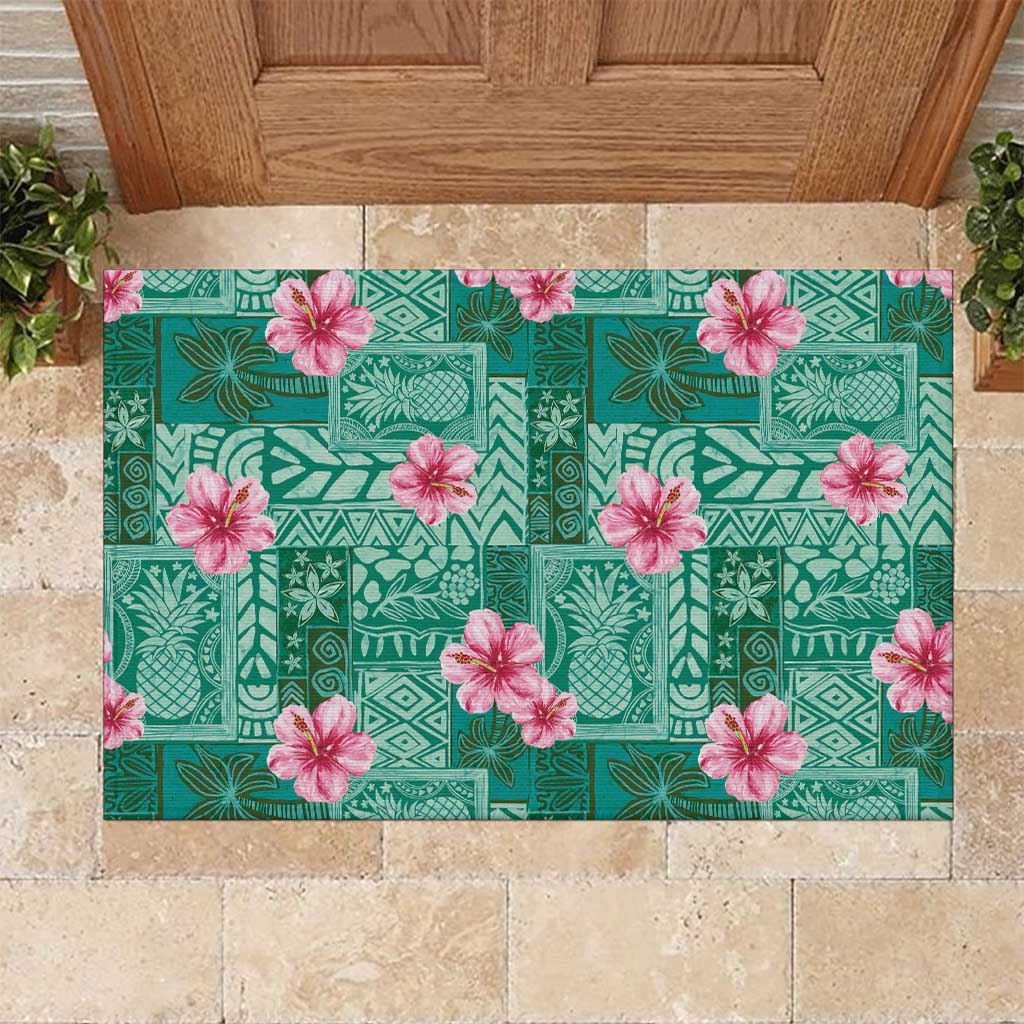 Cyan Hawaii Hibiscus With Tropical Flowers Motifs Rubber Doormat LT14 Cyan - Polynesian Pride