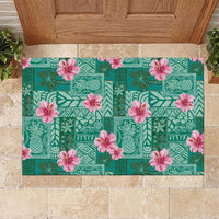 Cyan Hawaii Hibiscus With Tropical Flowers Motifs Rubber Doormat LT14 Cyan - Polynesian Pride