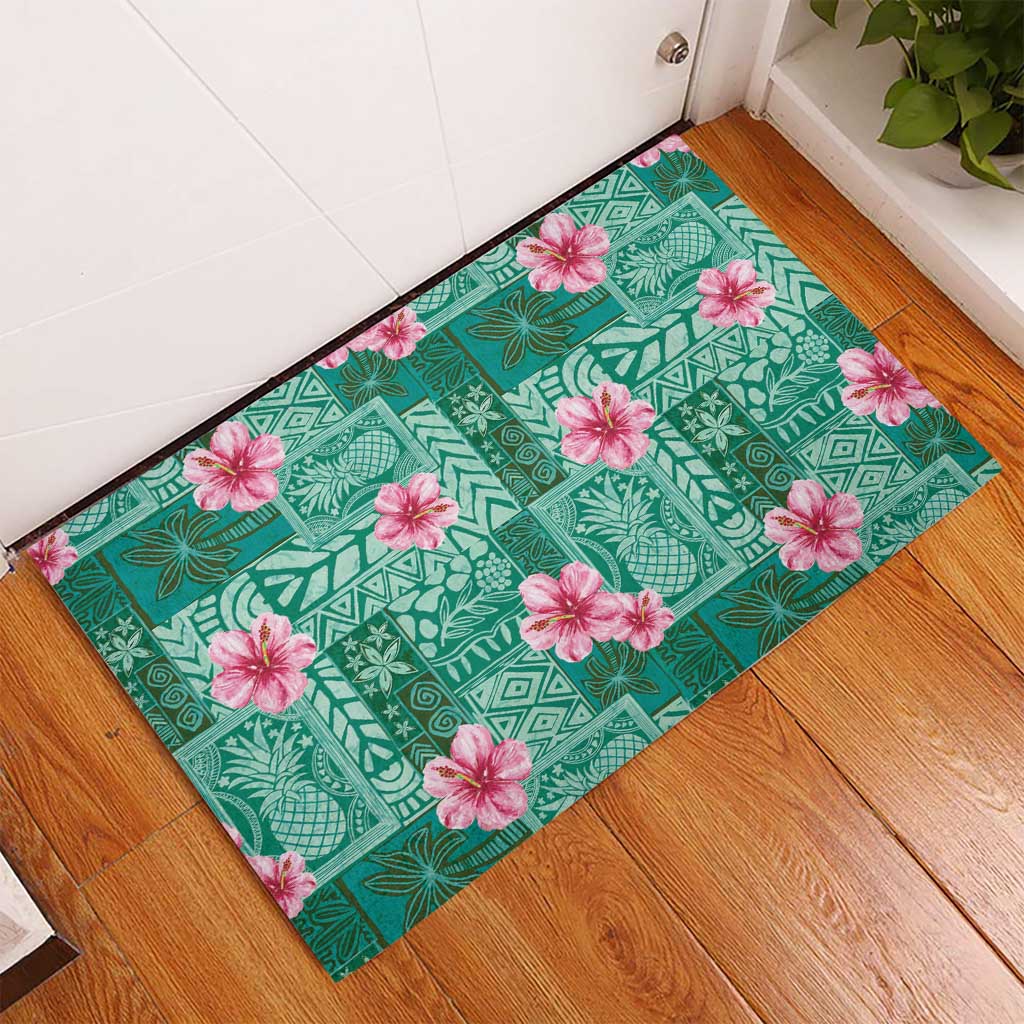 Cyan Hawaii Hibiscus With Tropical Flowers Motifs Rubber Doormat LT14 - Polynesian Pride