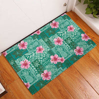 Cyan Hawaii Hibiscus With Tropical Flowers Motifs Rubber Doormat LT14 - Polynesian Pride