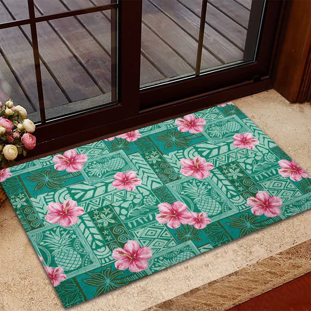 Cyan Hawaii Hibiscus With Tropical Flowers Motifs Rubber Doormat LT14 - Polynesian Pride