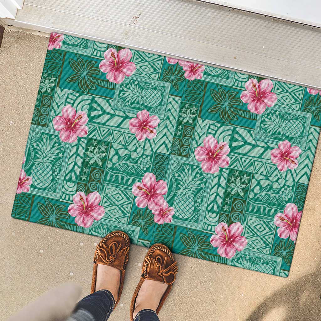 Cyan Hawaii Hibiscus With Tropical Flowers Motifs Rubber Doormat LT14 - Polynesian Pride