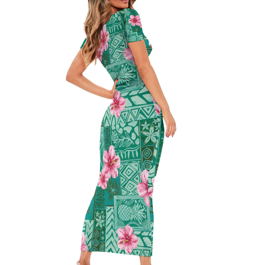 Cyan Hawaii Hibiscus With Tropical Flowers Motifs Short Sleeve Bodycon Dress - Polynesian Pride
