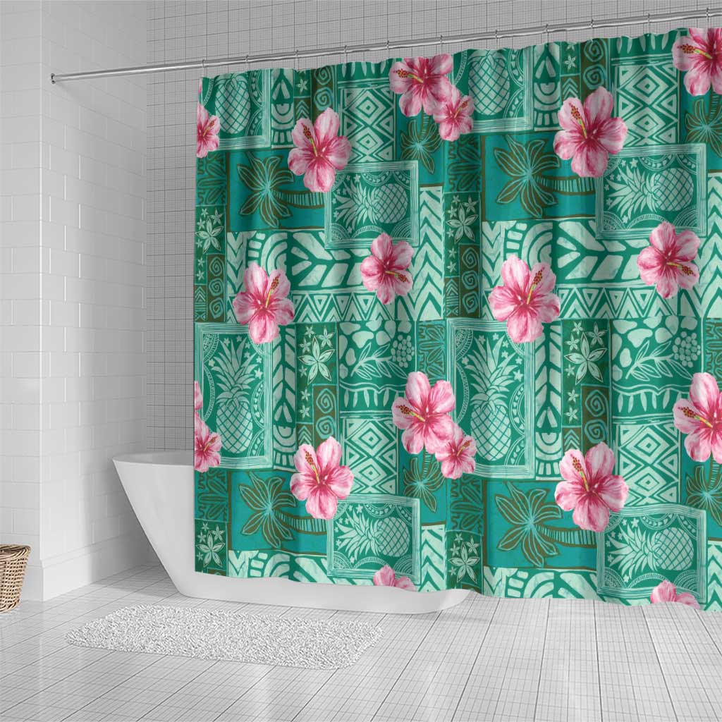 Cyan Hawaii Hibiscus With Tropical Flowers Motifs Shower Curtain - Polynesian Pride
