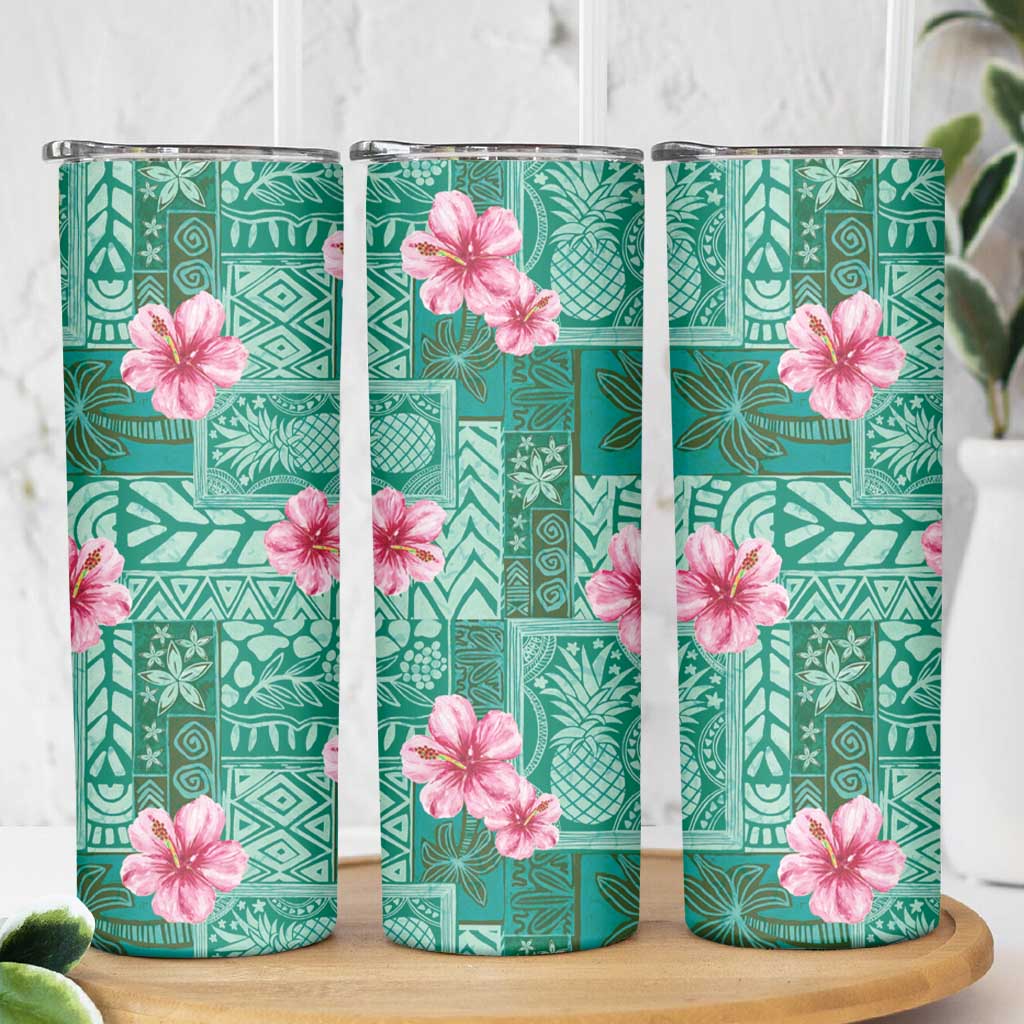 Cyan Hawaii Hibiscus With Tropical Flowers Motifs Skinny Tumbler - Polynesian Pride