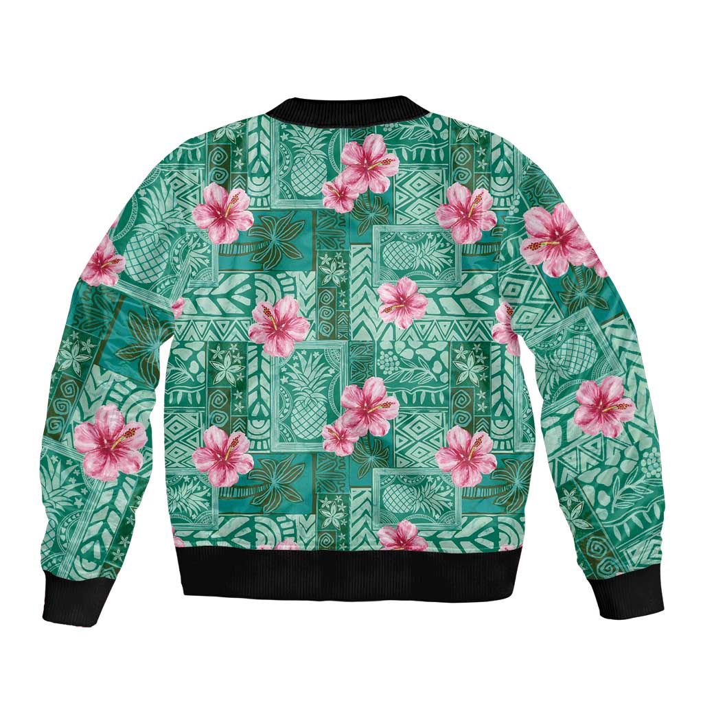 Cyan Hawaii Hibiscus With Tropical Flowers Motifs Sleeve Zip Bomber Jacket - Polynesian Pride