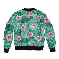 Cyan Hawaii Hibiscus With Tropical Flowers Motifs Sleeve Zip Bomber Jacket - Polynesian Pride