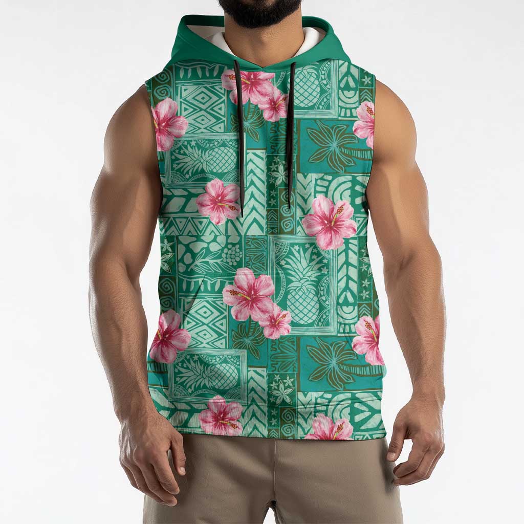 Cyan Hawaii Hibiscus With Tropical Flowers Motifs Sleeveless Hoodie - Polynesian Pride