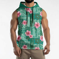 Cyan Hawaii Hibiscus With Tropical Flowers Motifs Sleeveless Hoodie - Polynesian Pride