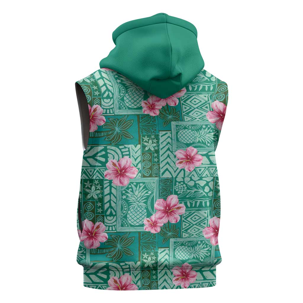 Cyan Hawaii Hibiscus With Tropical Flowers Motifs Sleeveless Zip Hoodie - Polynesian Pride