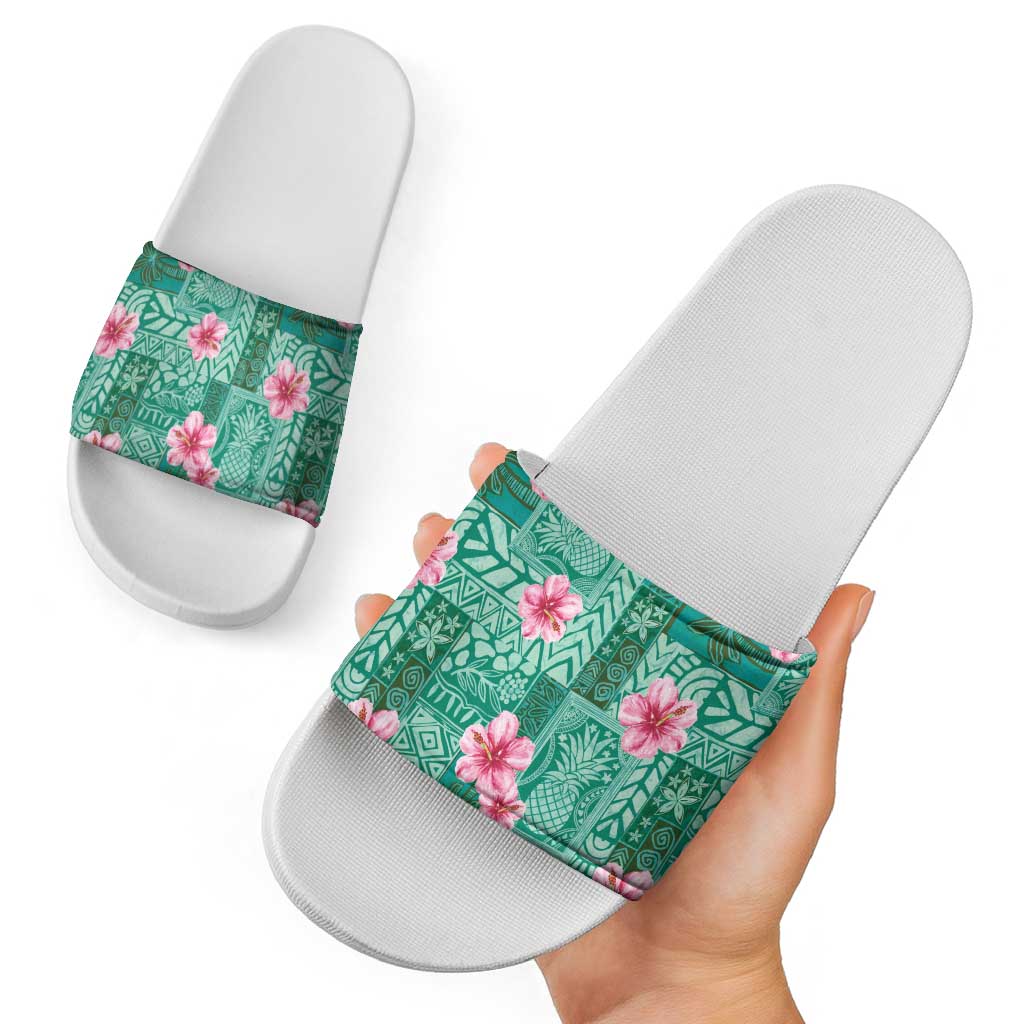 Cyan Hawaii Hibiscus With Tropical Flowers Motifs Slide Sandals - Polynesian Pride