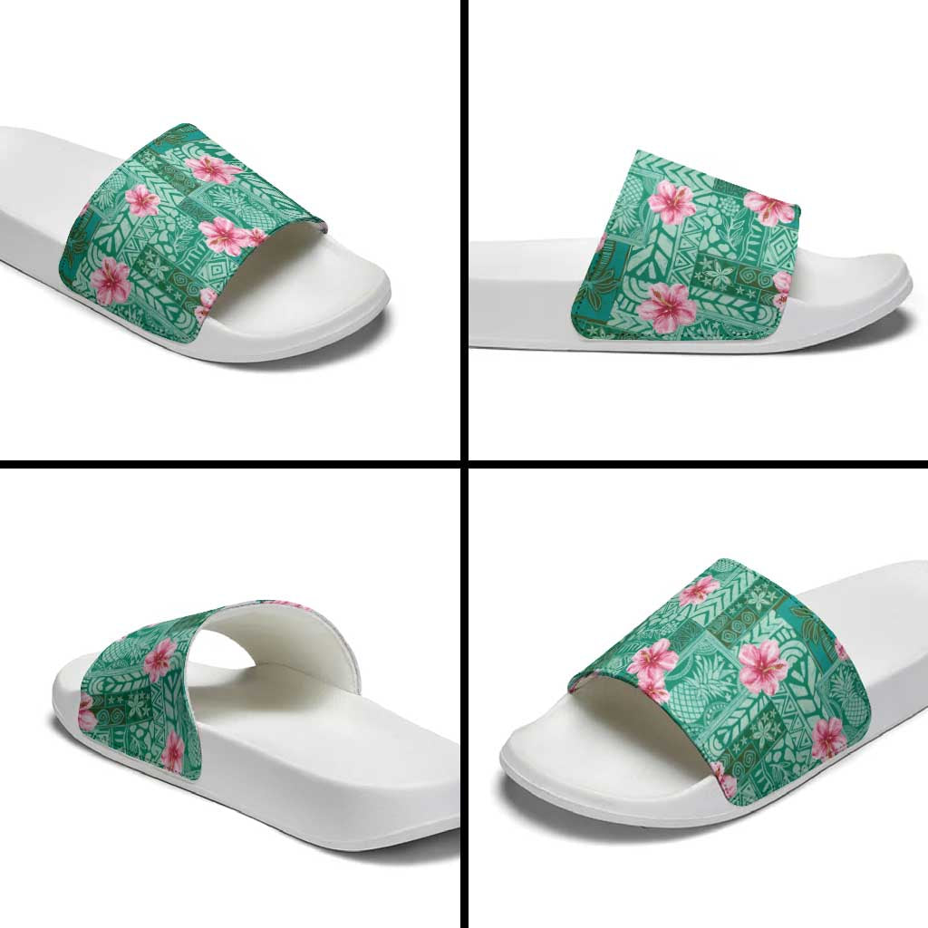 Cyan Hawaii Hibiscus With Tropical Flowers Motifs Slide Sandals - Polynesian Pride