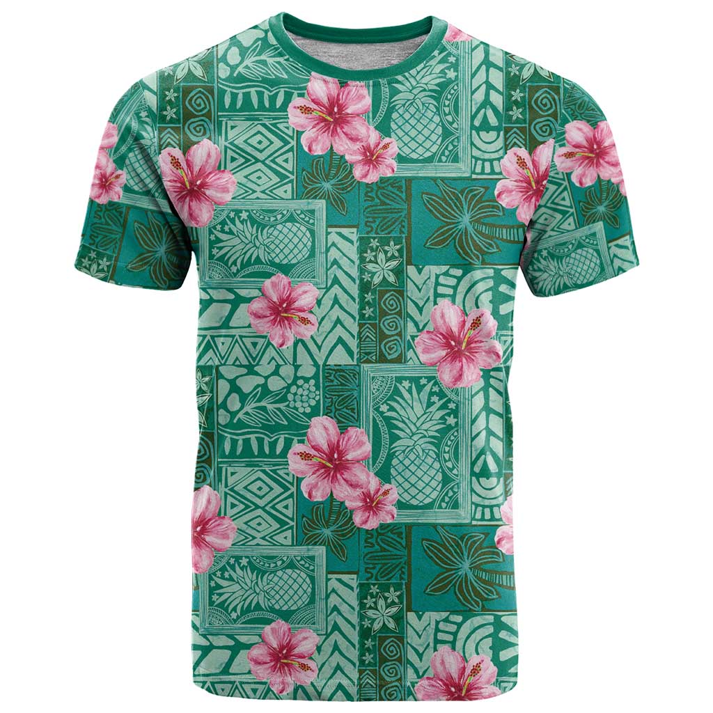 Cyan Hawaii Hibiscus With Tropical Flowers Motifs T Shirt - Polynesian Pride