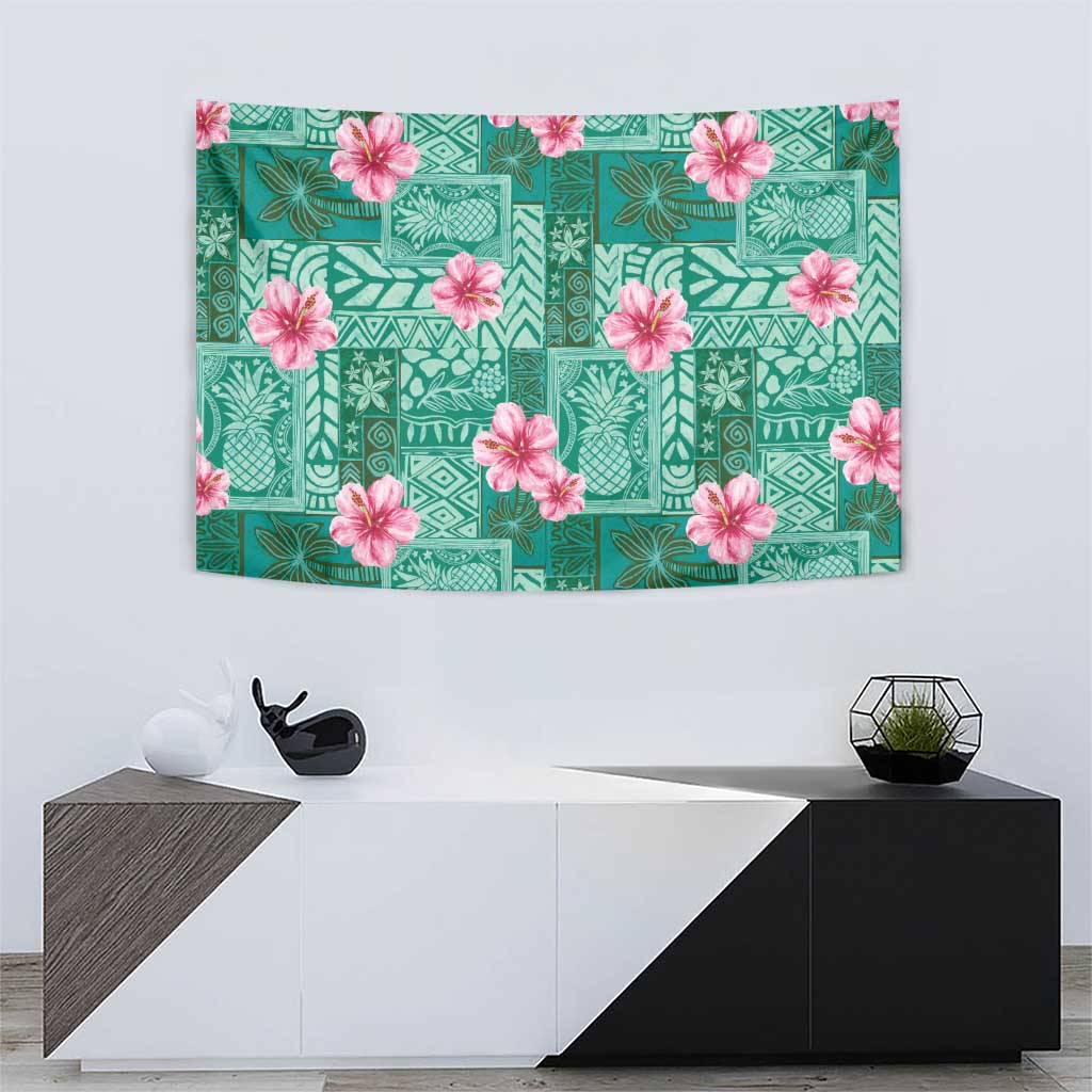 Cyan Hawaii Hibiscus With Tropical Flowers Motifs Tapestry - Polynesian Pride