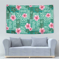 Cyan Hawaii Hibiscus With Tropical Flowers Motifs Tapestry - Polynesian Pride