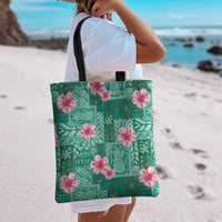 Cyan Hawaii Hibiscus With Tropical Flowers Motifs Tote Bag - Polynesian Pride