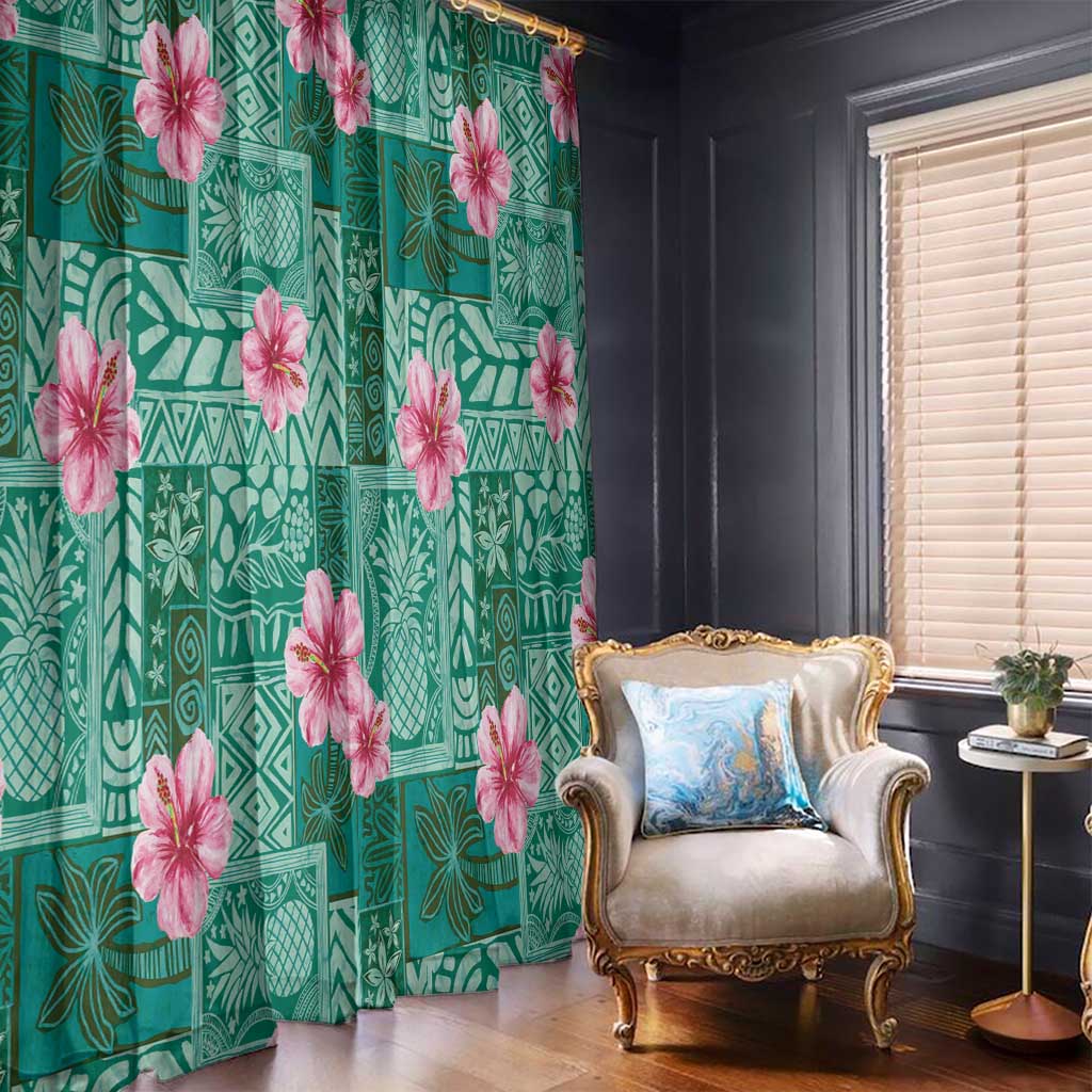 Cyan Hawaii Hibiscus With Tropical Flowers Motifs Window Curtain - Polynesian Pride