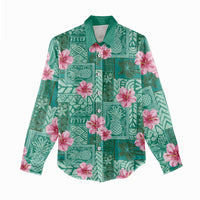 Cyan Hawaii Hibiscus With Tropical Flowers Motifs Women Casual Shirt - Polynesian Pride