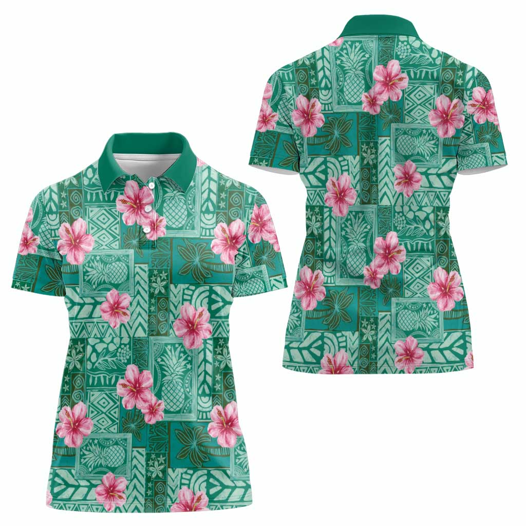 Cyan Hawaii Hibiscus With Tropical Flowers Motifs Women Polo Shirt - Polynesian Pride
