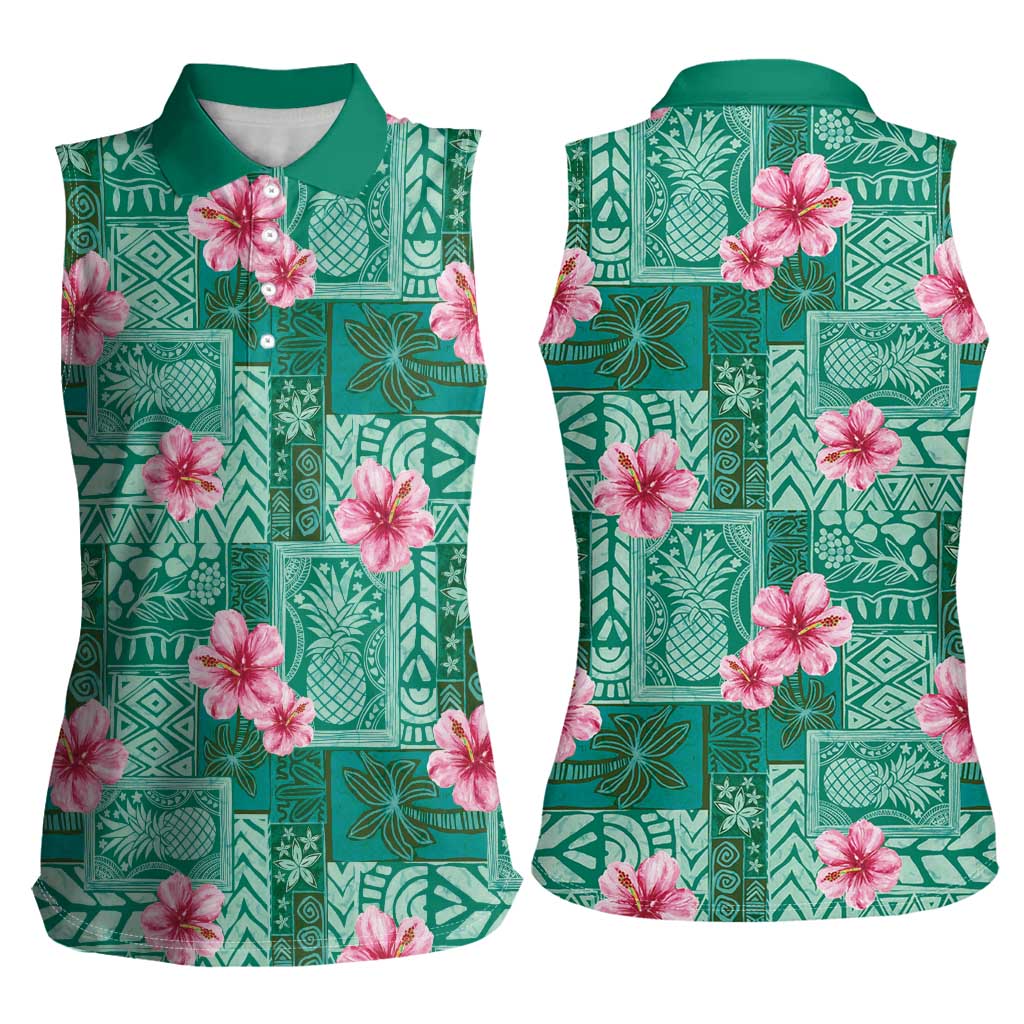Cyan Hawaii Hibiscus With Tropical Flowers Motifs Women Sleeveless Polo Shirt - Polynesian Pride