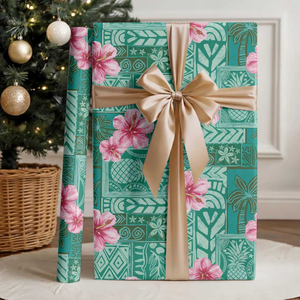 Cyan Hawaii Hibiscus With Tropical Flowers Motifs Wrapping Paper - Polynesian Pride