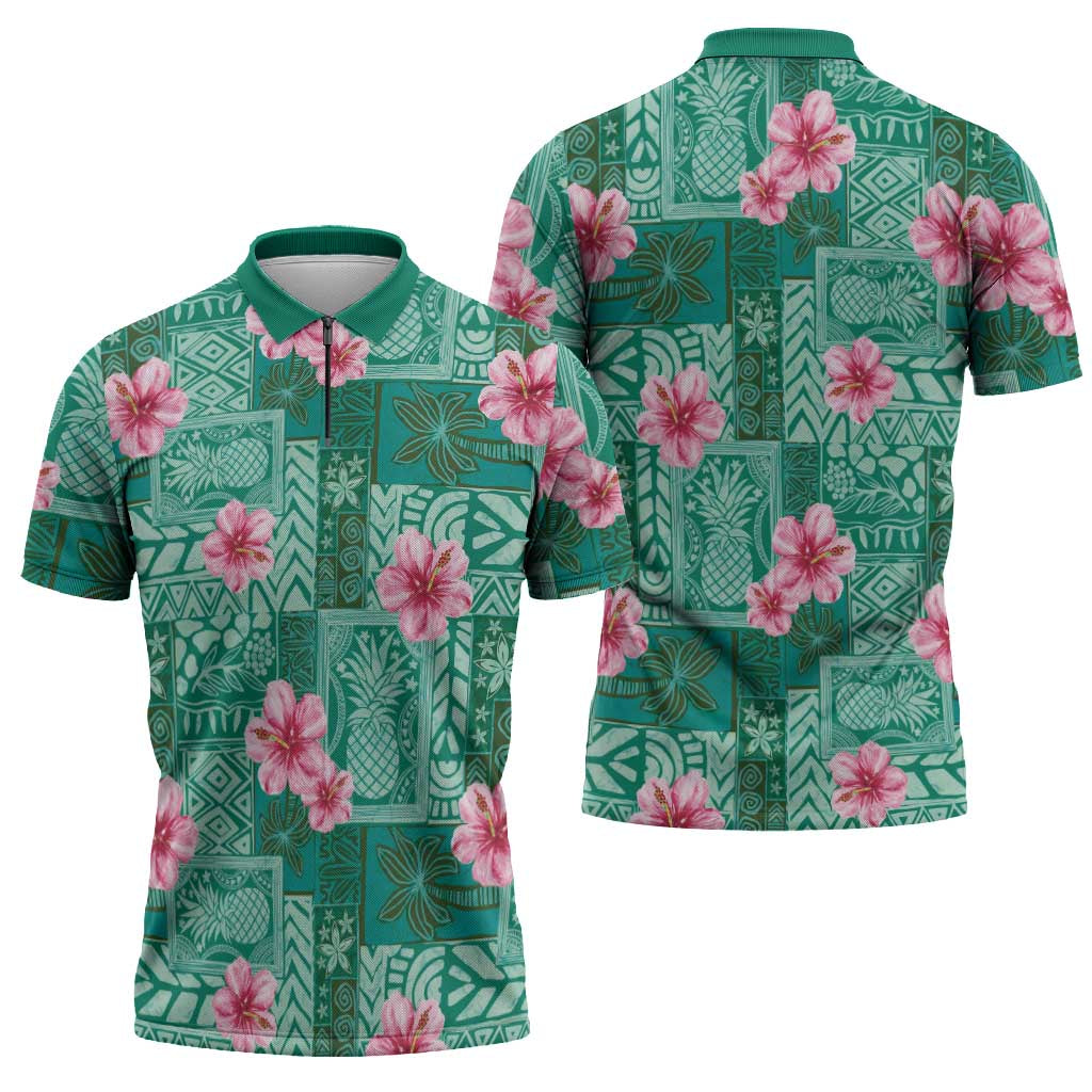 Cyan Hawaii Hibiscus With Tropical Flowers Motifs Zipper Polo Shirt - Polynesian Pride