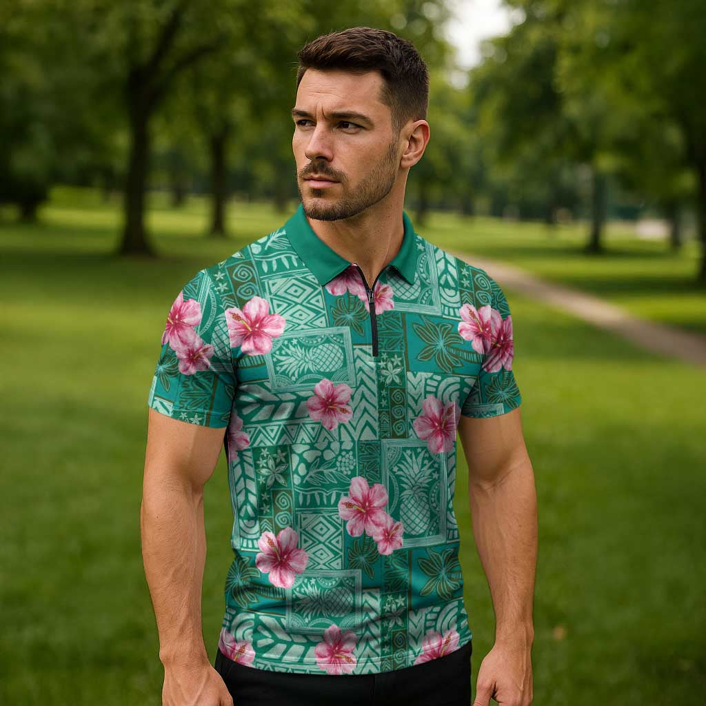 Cyan Hawaii Hibiscus With Tropical Flowers Motifs Zipper Polo Shirt - Polynesian Pride