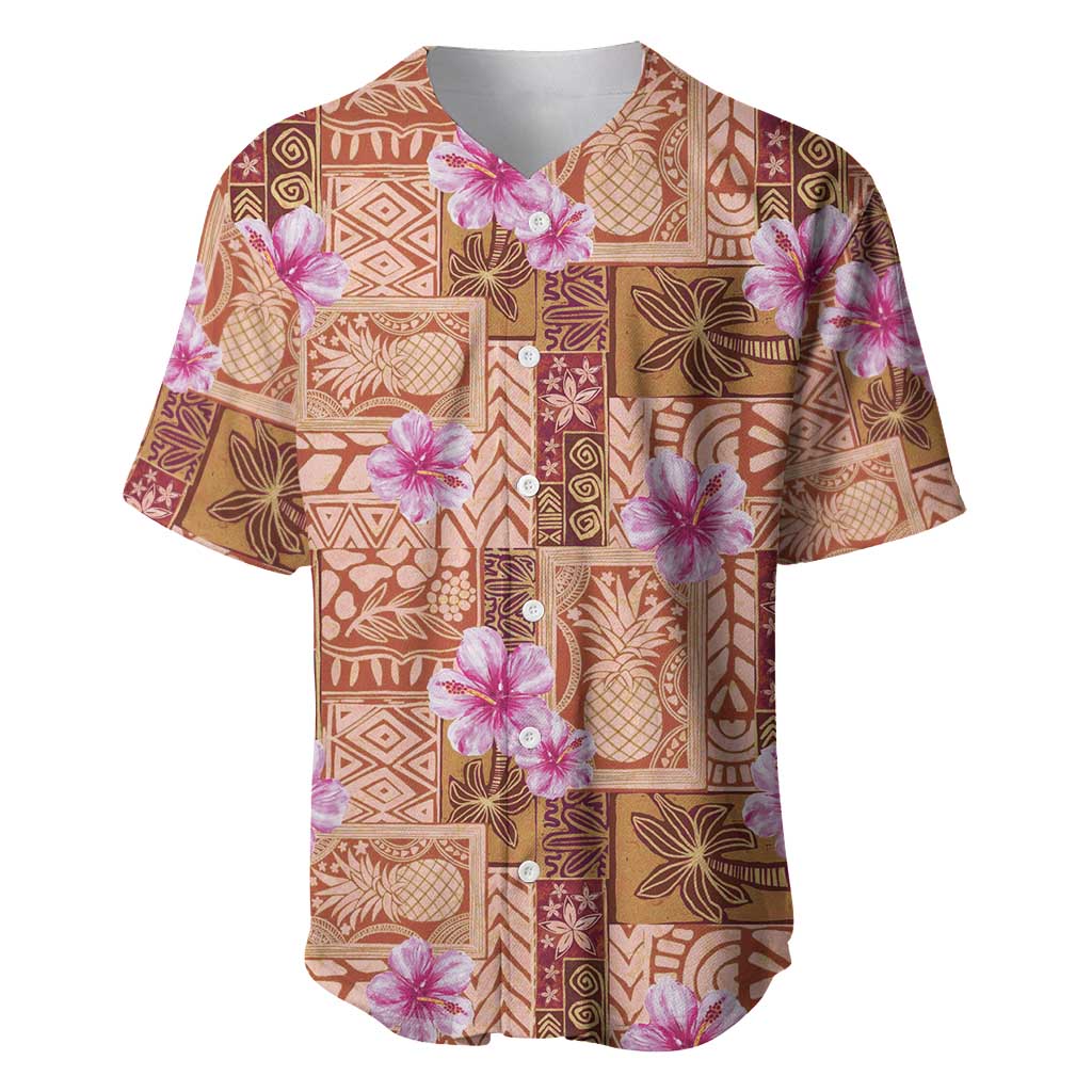 Orange Hawaii Hibiscus With Tropical Flowers Motifs Baseball Jersey - Polynesian Pride