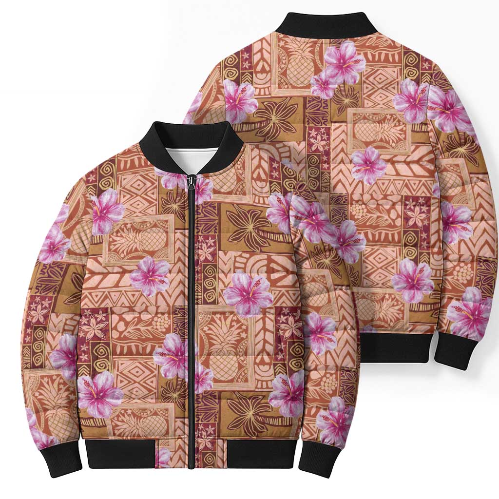 Orange Hawaii Hibiscus With Tropical Flowers Motifs Bomber Puffer Jacket - Polynesian Pride