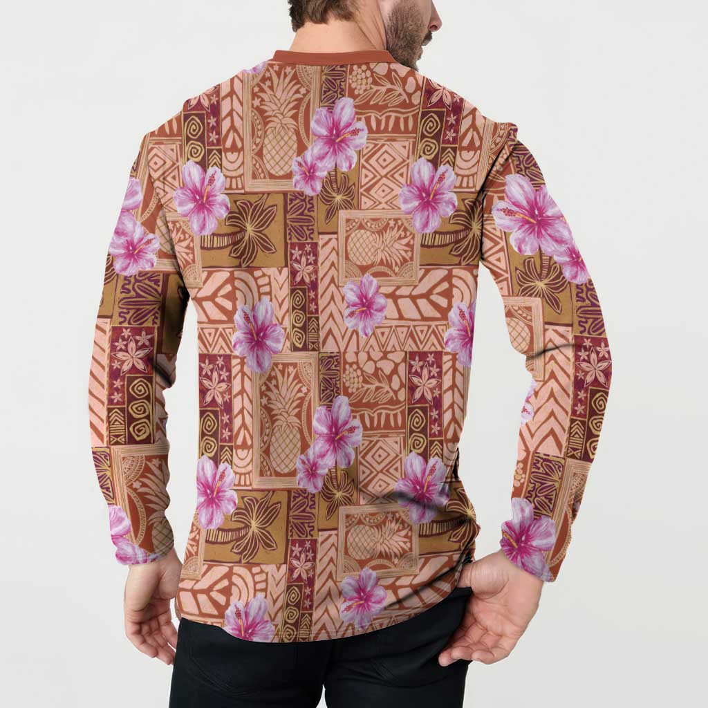 Orange Hawaii Hibiscus With Tropical Flowers Motifs Button Sweatshirt - Polynesian Pride