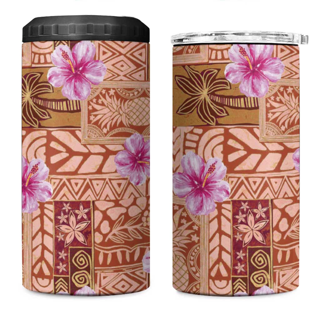 Orange Hawaii Hibiscus With Tropical Flowers Motifs 4 in 1 Can Cooler Tumbler - Polynesian Pride