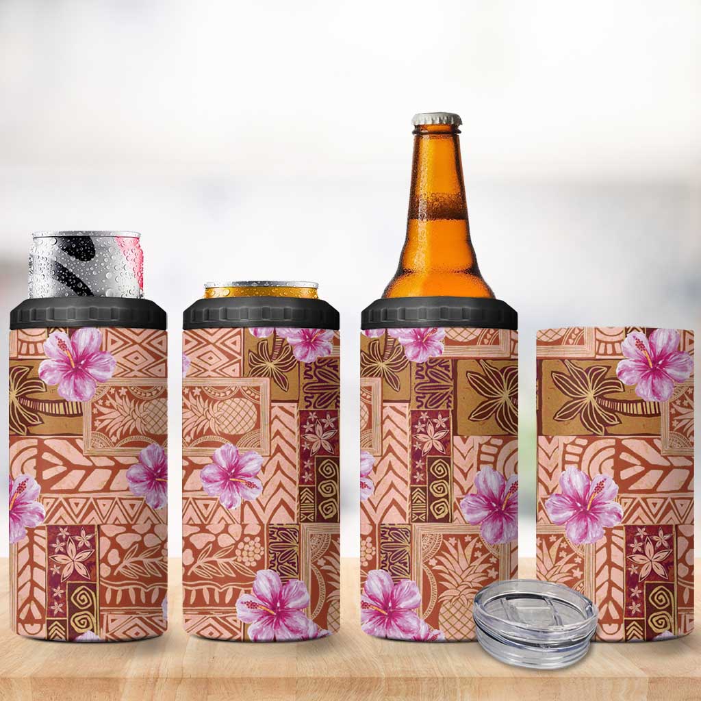 Orange Hawaii Hibiscus With Tropical Flowers Motifs 4 in 1 Can Cooler Tumbler - Polynesian Pride