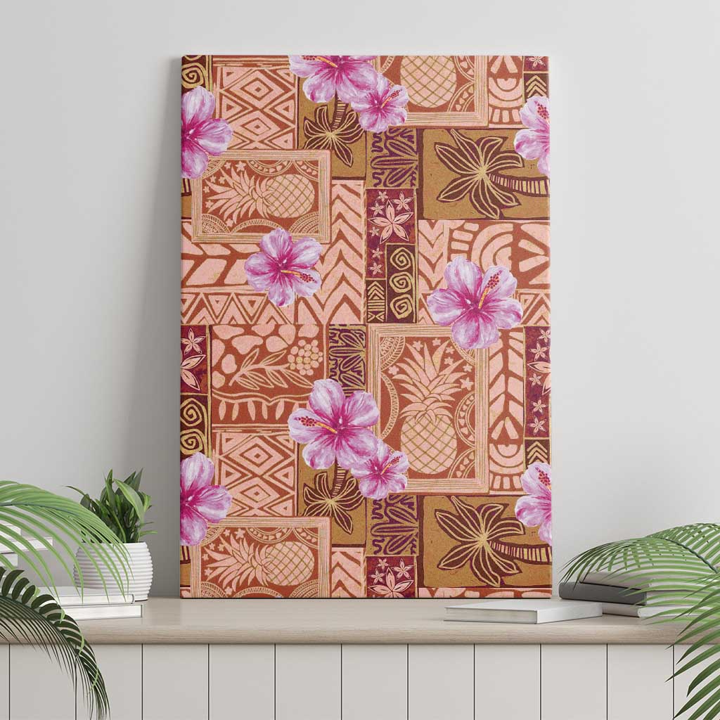 Orange Hawaii Hibiscus With Tropical Flowers Motifs Canvas Wall Art - Polynesian Pride