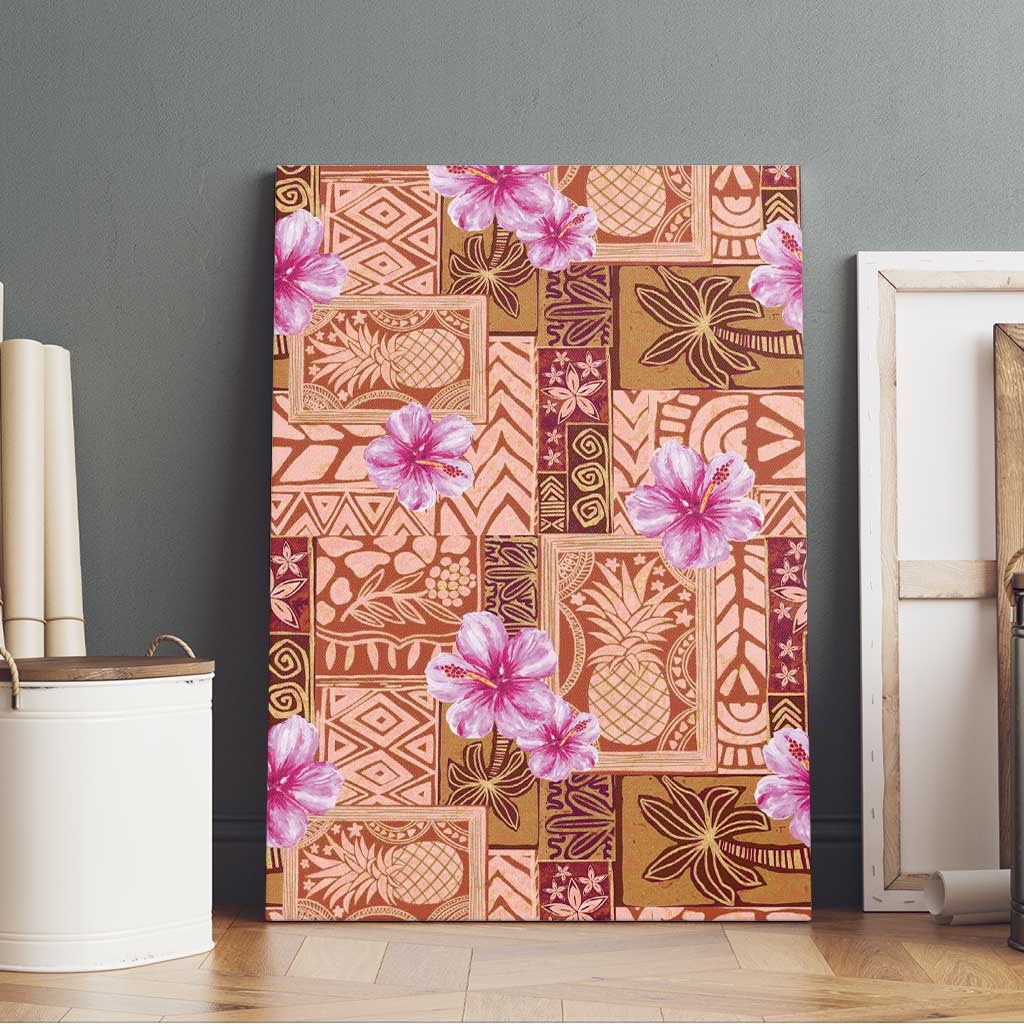 Orange Hawaii Hibiscus With Tropical Flowers Motifs Canvas Wall Art - Polynesian Pride