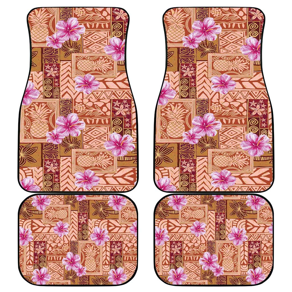 Orange Hawaii Hibiscus With Tropical Flowers Motifs Car Mats - Polynesian Pride