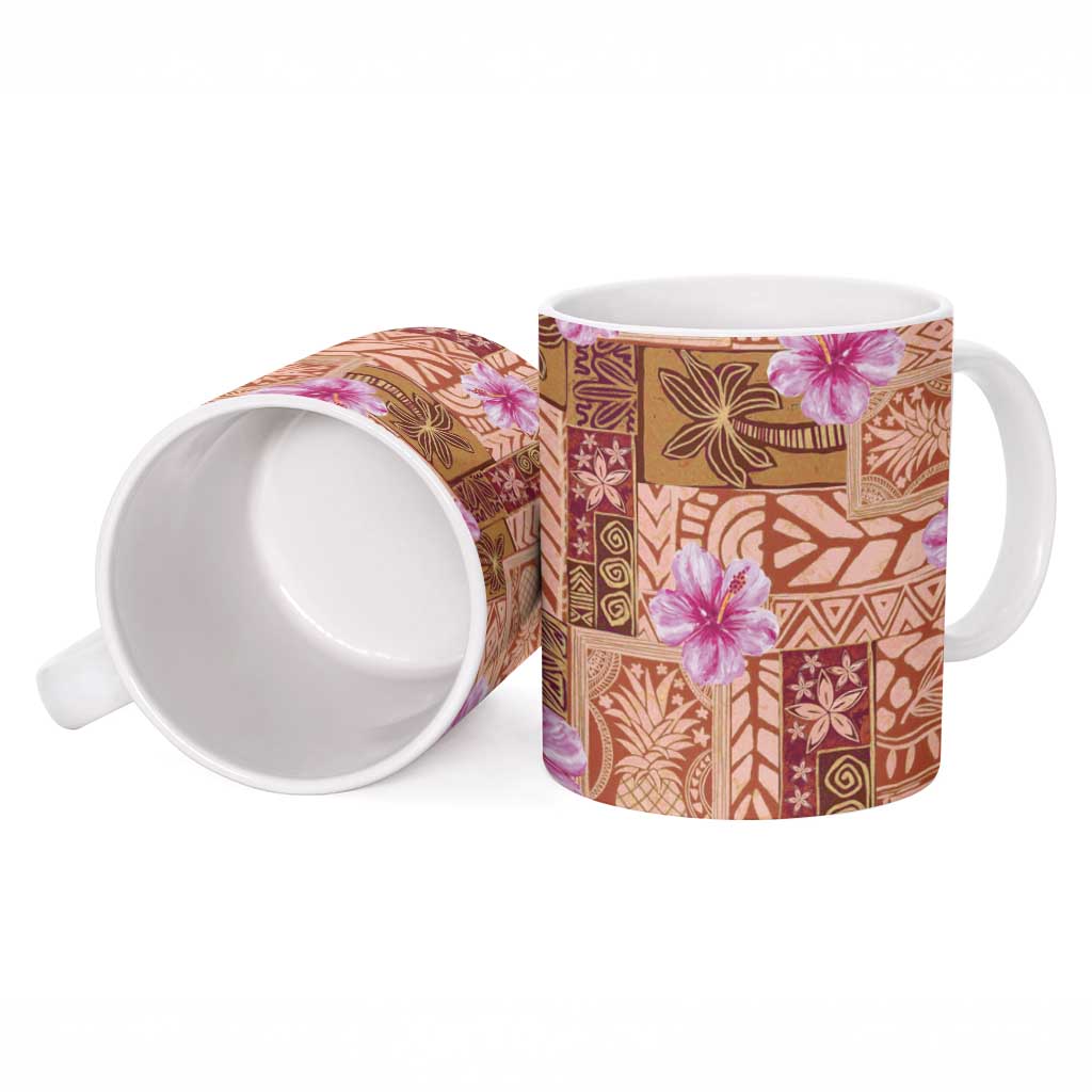Orange Hawaii Hibiscus With Tropical Flowers Motifs Ceramic Mug - Polynesian Pride