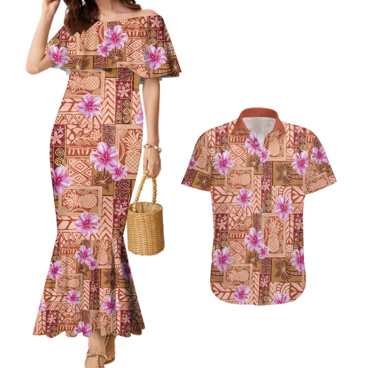 Orange Hawaii Hibiscus With Tropical Flowers Motifs Couples Matching Mermaid Dress and Hawaiian Shirt - Polynesian Pride