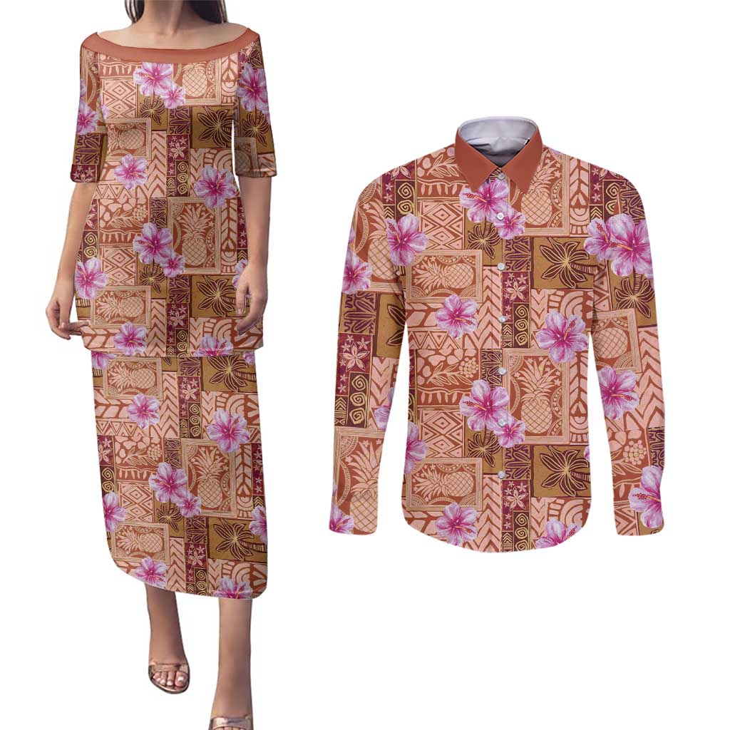 Orange Hawaii Hibiscus With Tropical Flowers Motifs Couples Matching Puletasi and Long Sleeve Button Shirt - Polynesian Pride