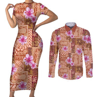 Orange Hawaii Hibiscus With Tropical Flowers Motifs Couples Matching Short Sleeve Bodycon Dress and Long Sleeve Button Shirt - Polynesian Pride
