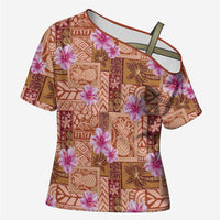 Orange Hawaii Hibiscus With Tropical Flowers Motifs Cross Shoulder Shirt - Polynesian Pride