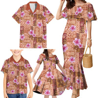 Orange Hawaii Hibiscus With Tropical Flowers Motifs Family Matching Mermaid Dress and Hawaiian Shirt - Polynesian Pride