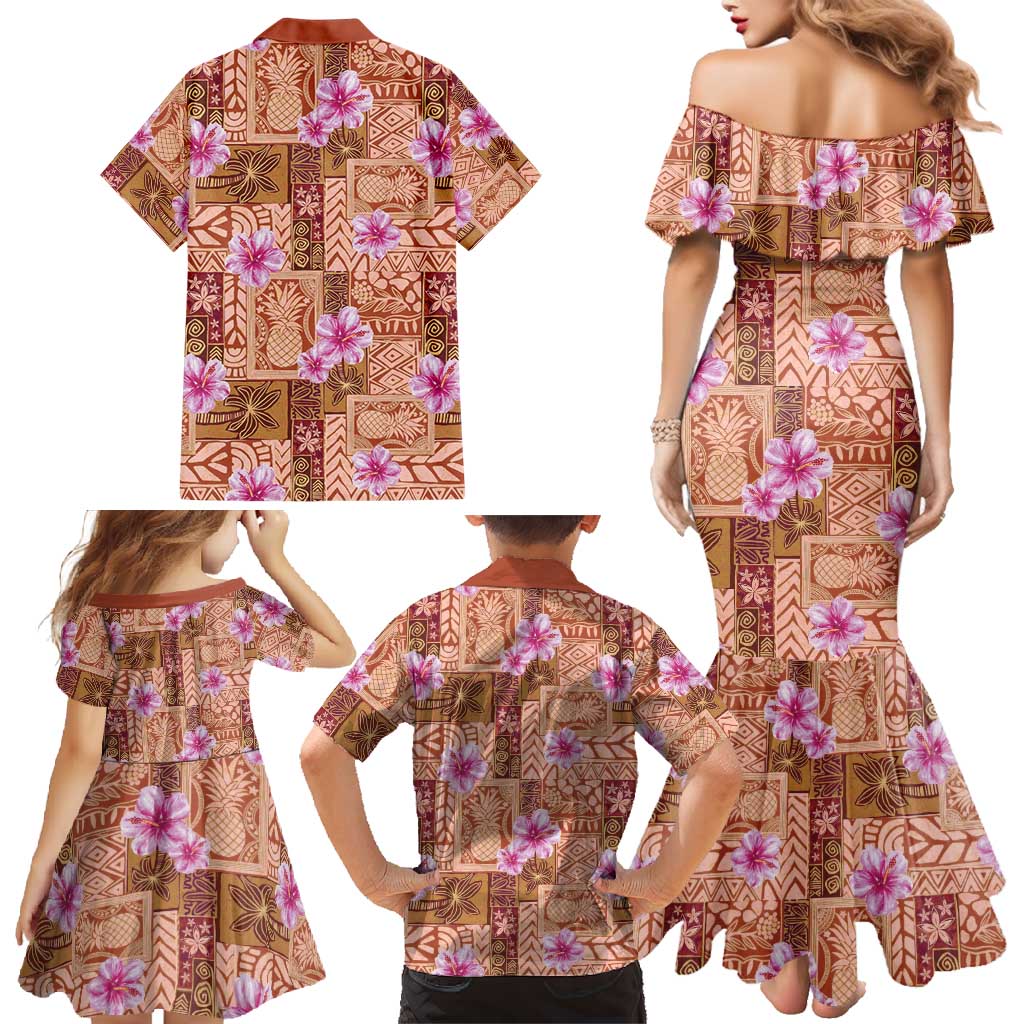 Orange Hawaii Hibiscus With Tropical Flowers Motifs Family Matching Mermaid Dress and Hawaiian Shirt - Polynesian Pride