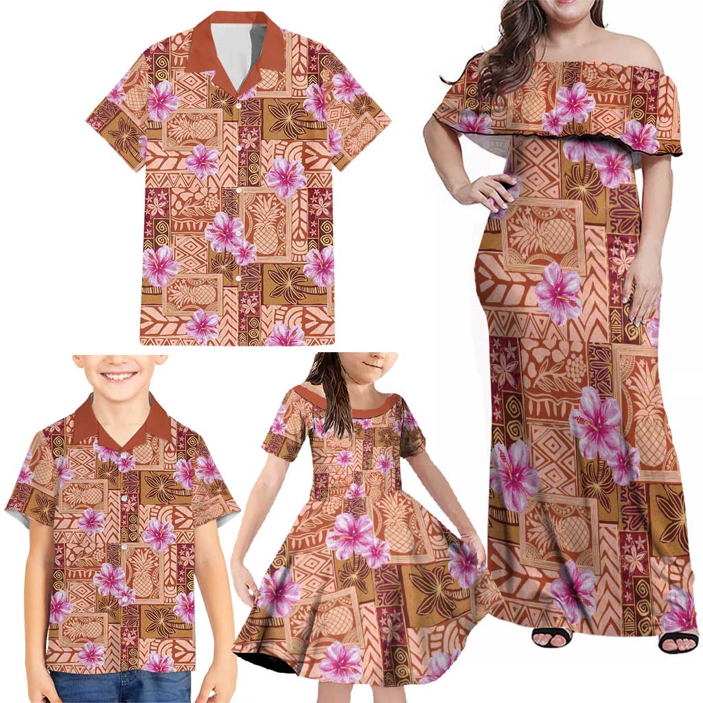 Orange Hawaii Hibiscus With Tropical Flowers Motifs Family Matching Off Shoulder Maxi Dress and Hawaiian Shirt - Polynesian Pride